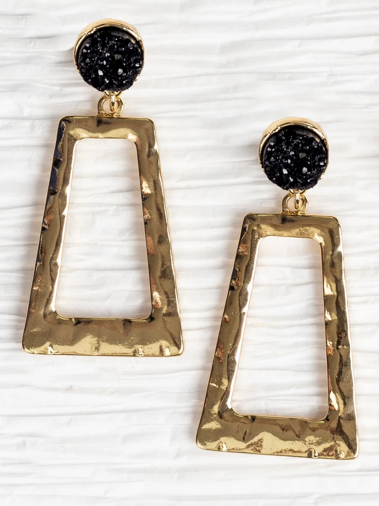 Southern Grace Gold Rectangle Dangle Earrings With Black Stud