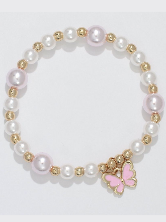 Pink Enamel Butterfly Little Love Bracelet With Pearls