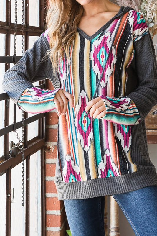 Grey And Aztec Print Waffle Top With Hood
