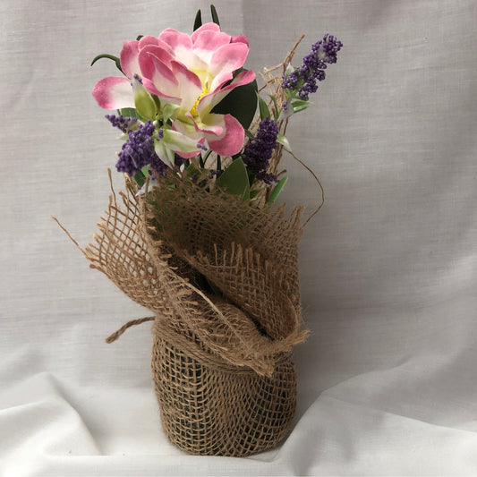 Pink Standing Flower W/ Lavender in Burlap