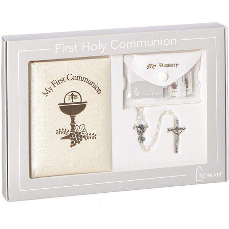 My First Communion Ivory Rosary Prayer Book Lapel Pin Deluxe Gift Set