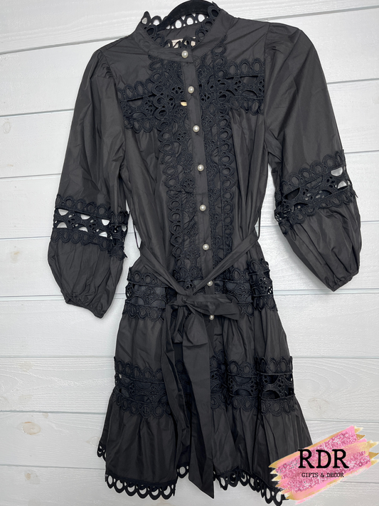 Black High Neck Dress With Pearl Buttons & Lace Detail