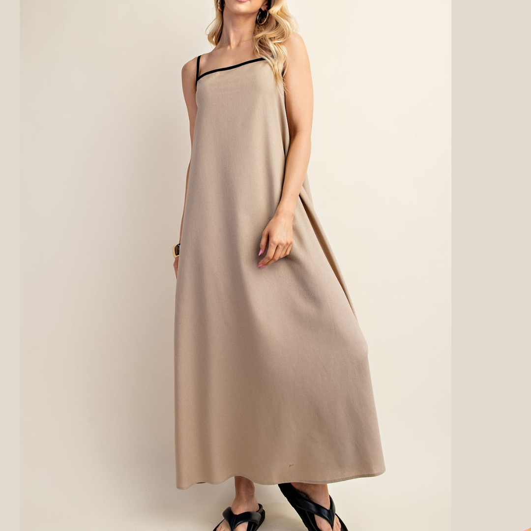 Contrast Linen Midi Dress With Spaghetti Straps Teal / Small