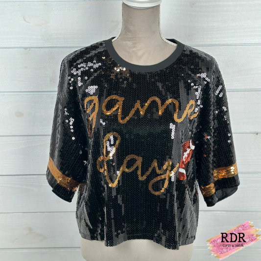 Simply Southern Black Sequin Cropped Top- Game Day