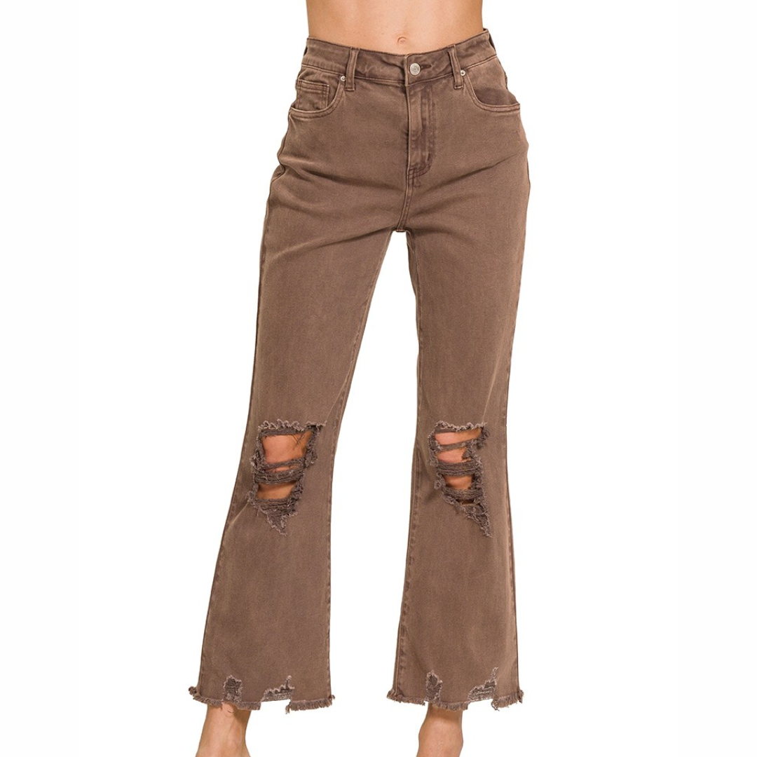 Acid Washed High Waist Distressed Straight Leg Cropped Pants