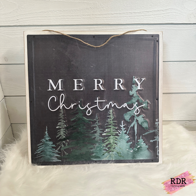 Wood Framed Metal Evergreen Christmas Large Hanging Sign