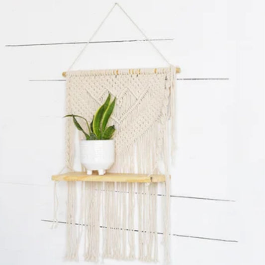 Hanging Macrame With Wood Shelf- 28&quot;