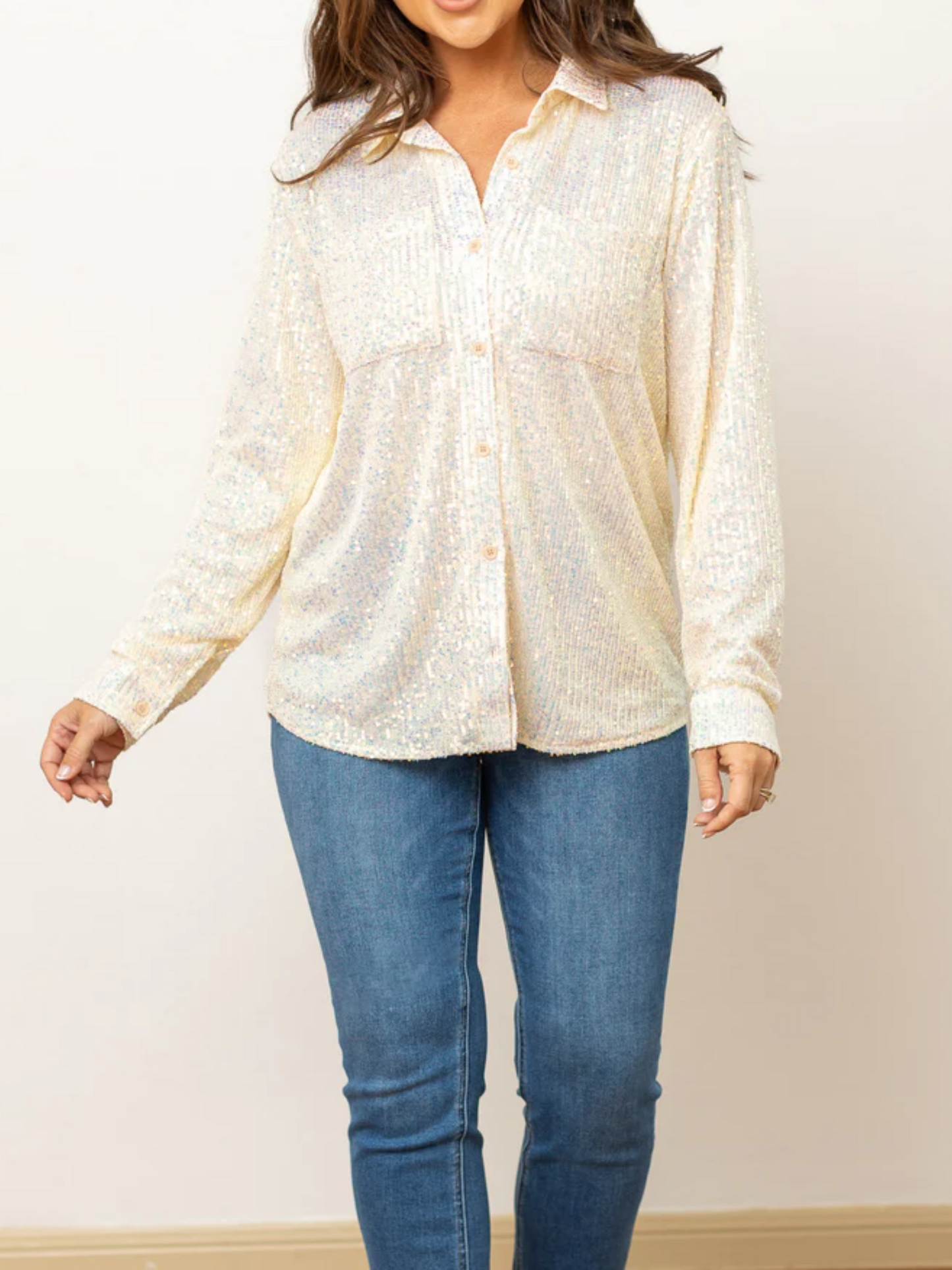 Southern Grace White Sequin Kathryn Classic Button Up