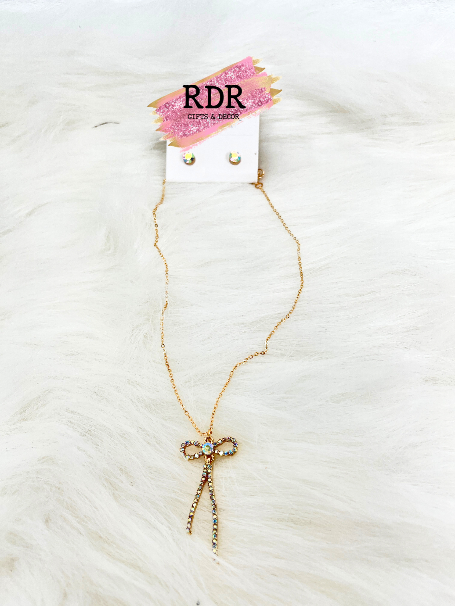 Gold Necklace With Crystal Bow Charm and Stud Earrings Set