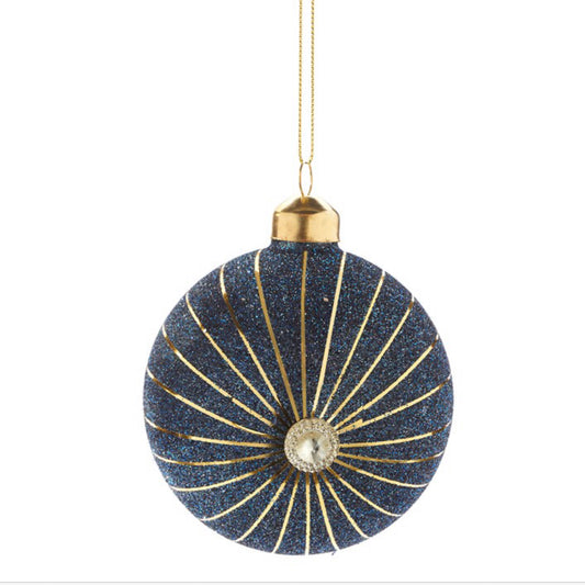 Glitter Blue Glass Ball With Gold Stripes