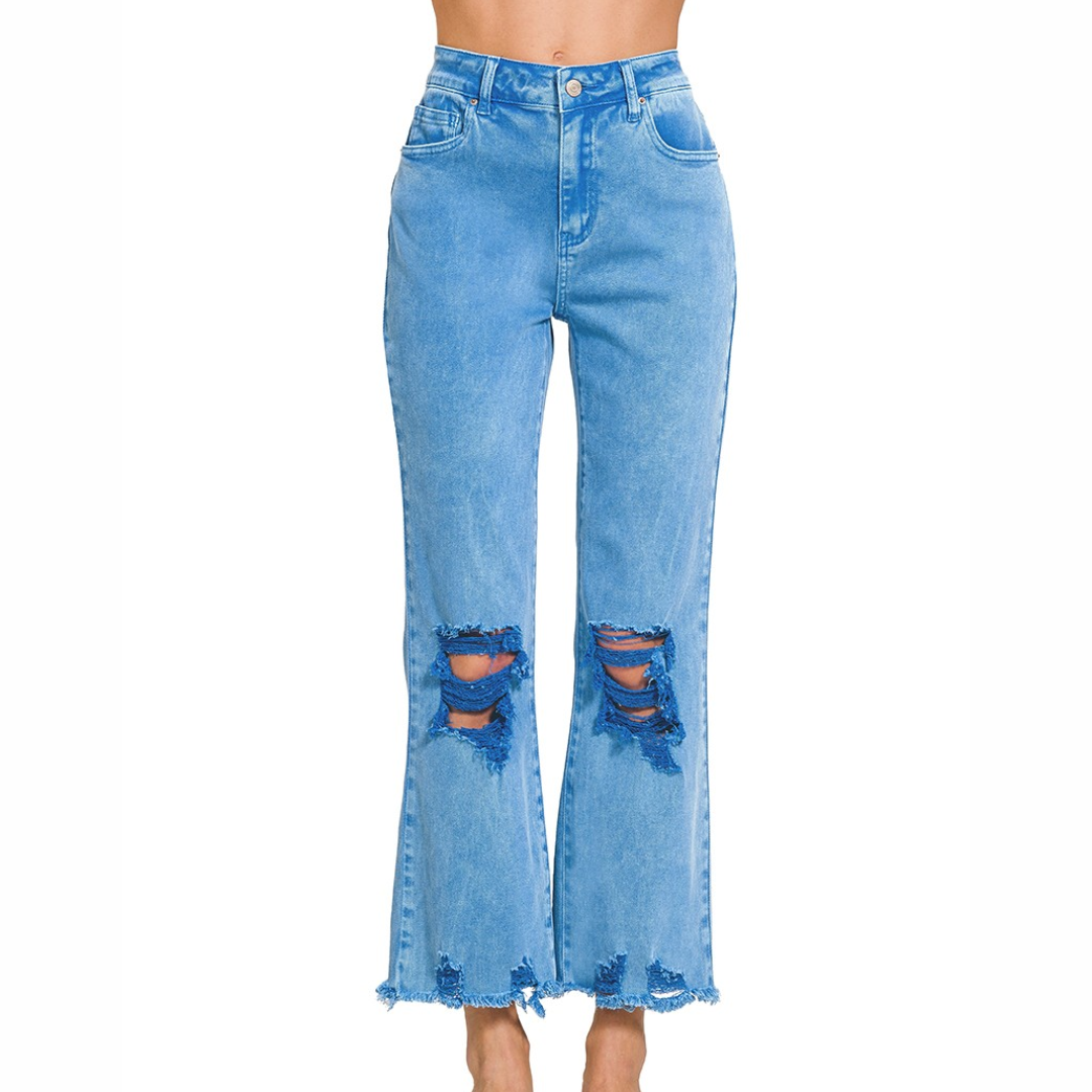 Acid Washed High Waist Distressed Straight Leg Cropped Pants