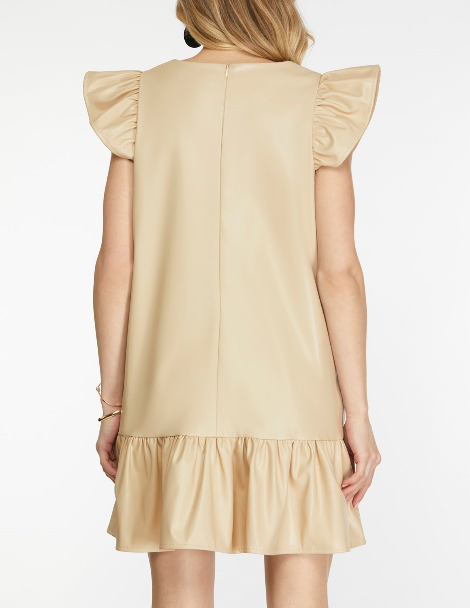 Mocha Faux Leather Mini Dress With Ruffle Sleeve Large Mocha Faux Leather Mini Dress With Ruffle Sleeve Large