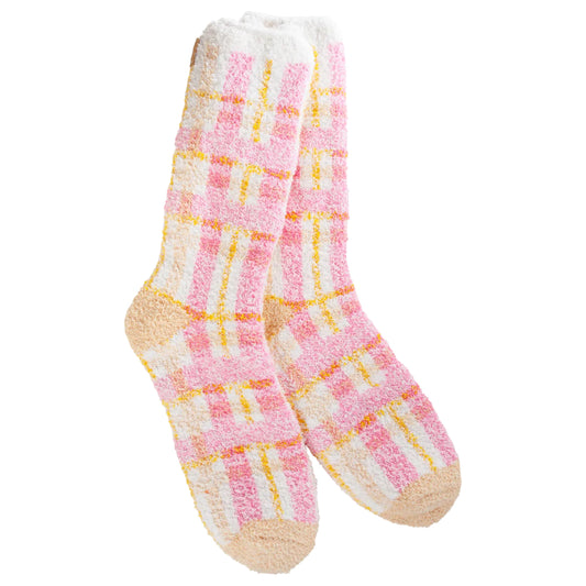 Cozy Collection Fuzzy Socks- Pink Multi Plaid