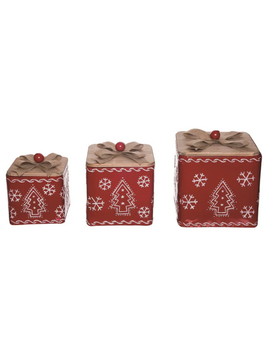 Red Metal Christmas Box With Wooden Lid