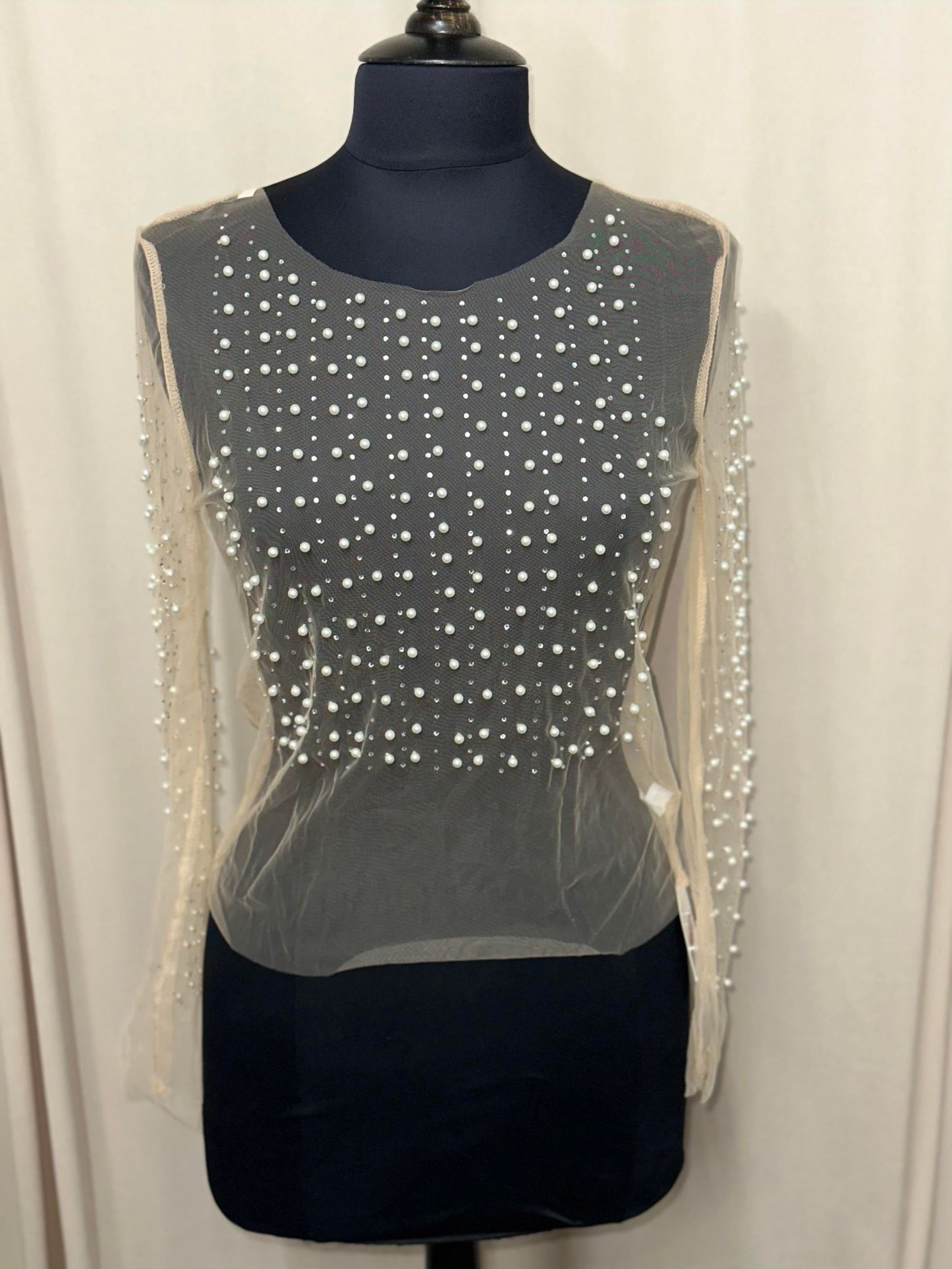 Concert Sheer Mesh Faux Pearl Cropped Top