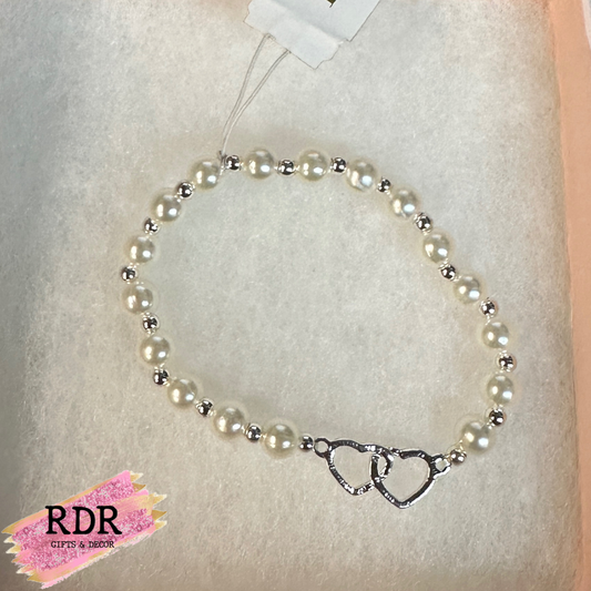 Pearl and Silver Open Double Heart Bracelet