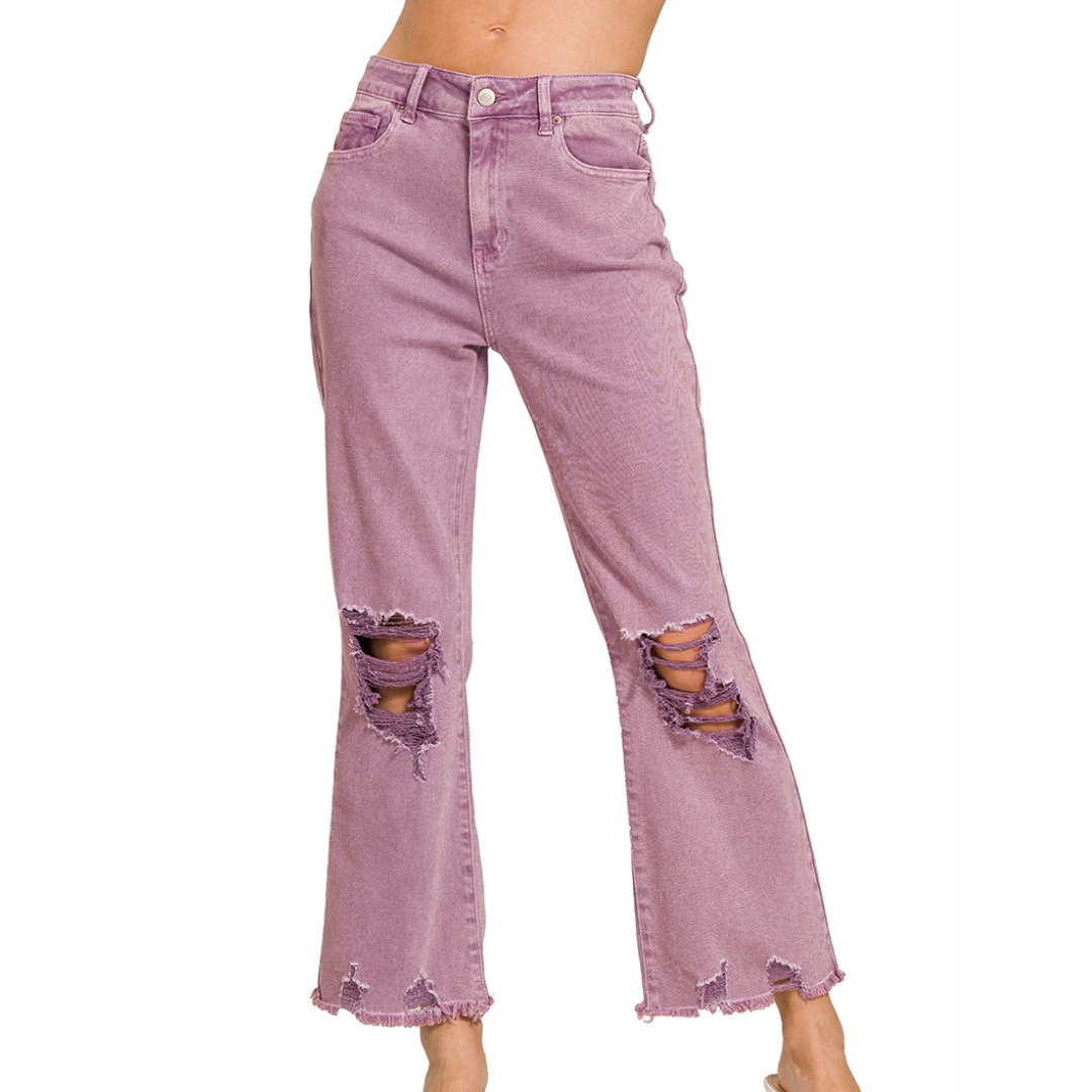 Acid Washed High Waist Distressed Straight Leg Cropped Pants