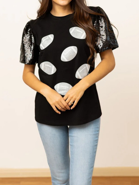 Southern Grace Black Top With Sequin Shoulders & Silver Footballs