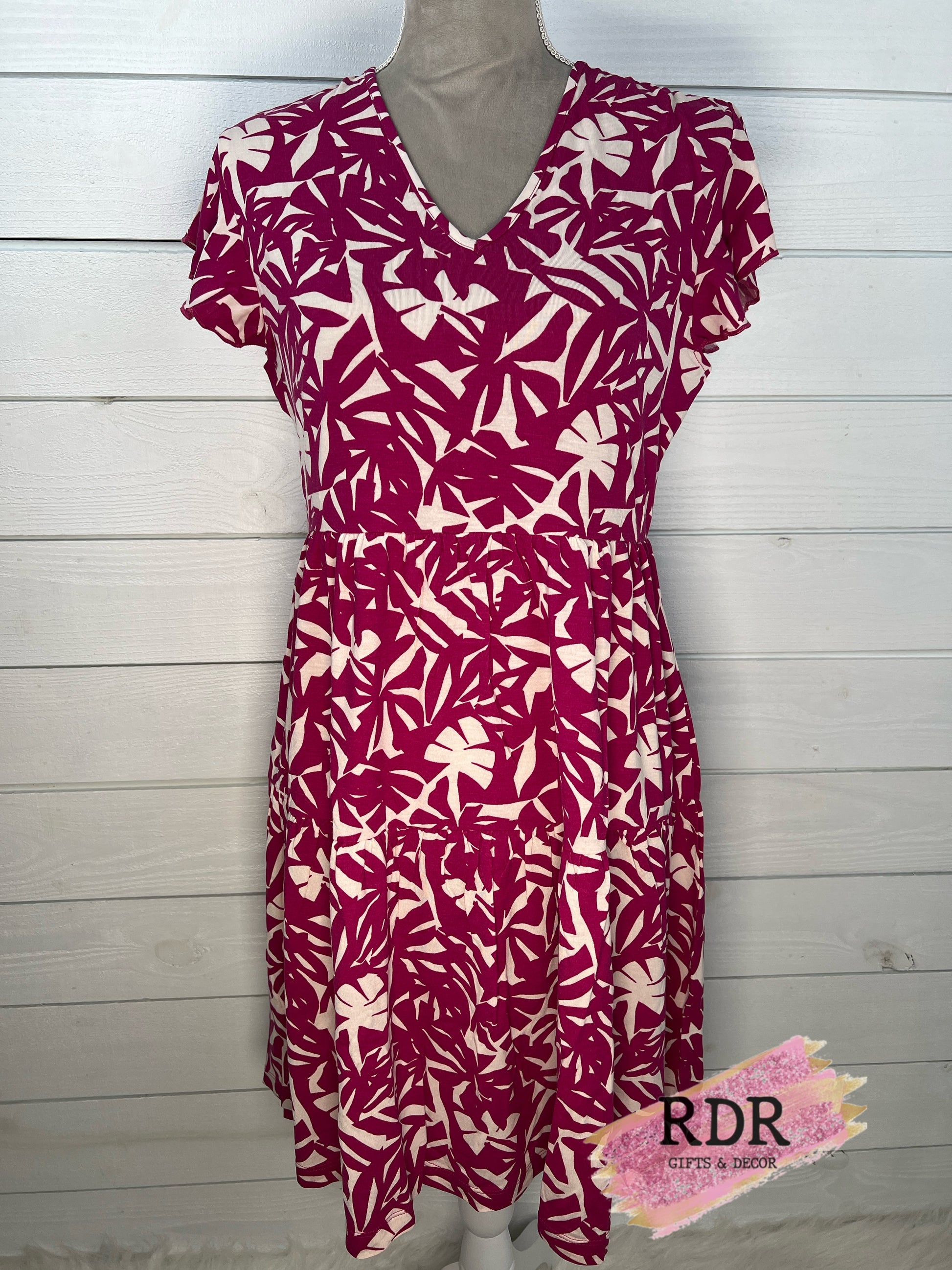 Ruffle Sleeve Swing Dress With Leaf Pattern Detail