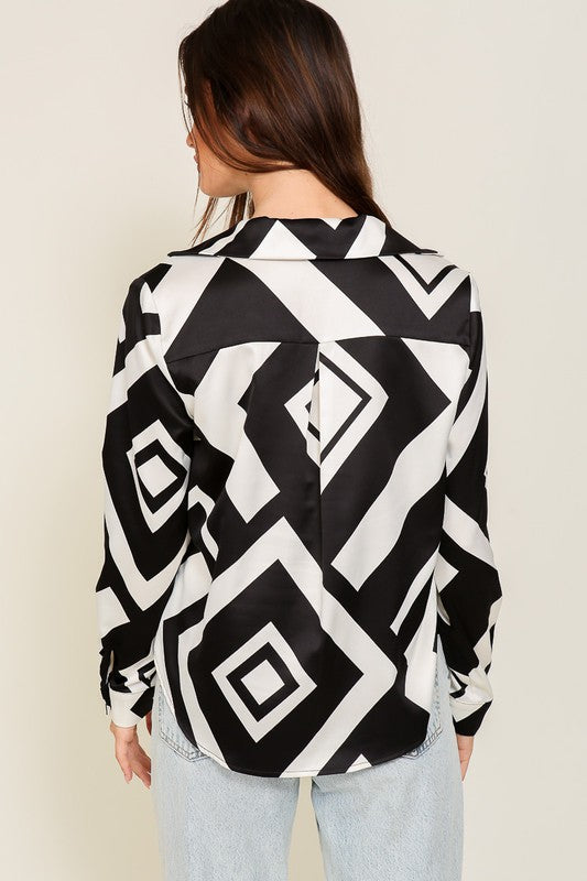 Satin Black And White Retro Print Blouse