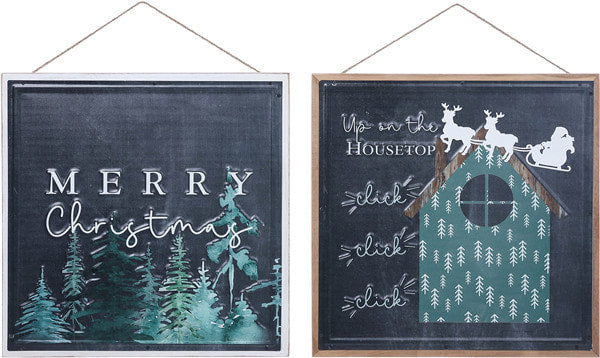 Wood Framed Metal Evergreen Christmas Large Hanging Sign