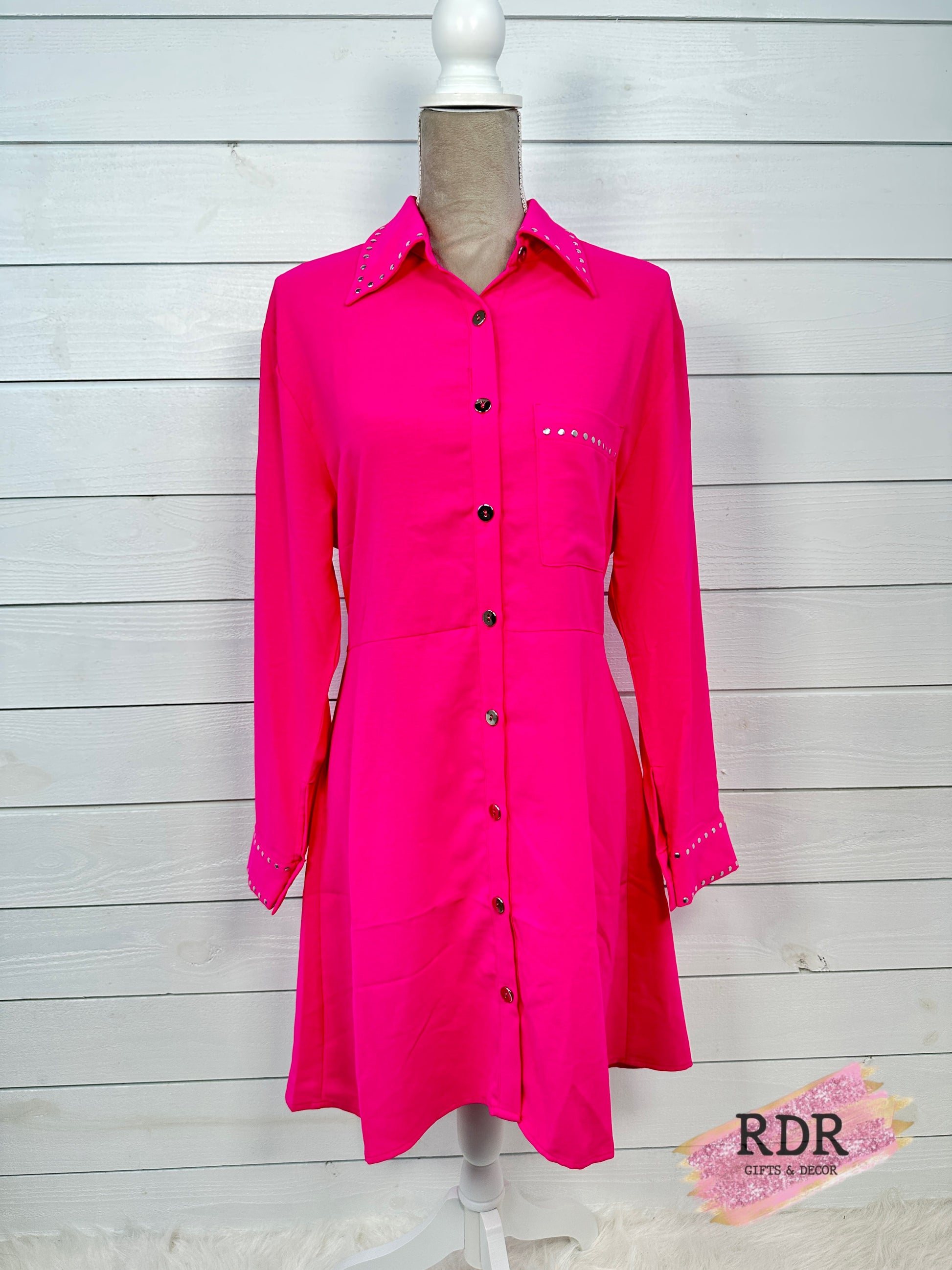 Concert Hot Pink Jewel Button Down Mini Dress Medium Concert Hot Pink Jewel Button Down Mini Dress Medium