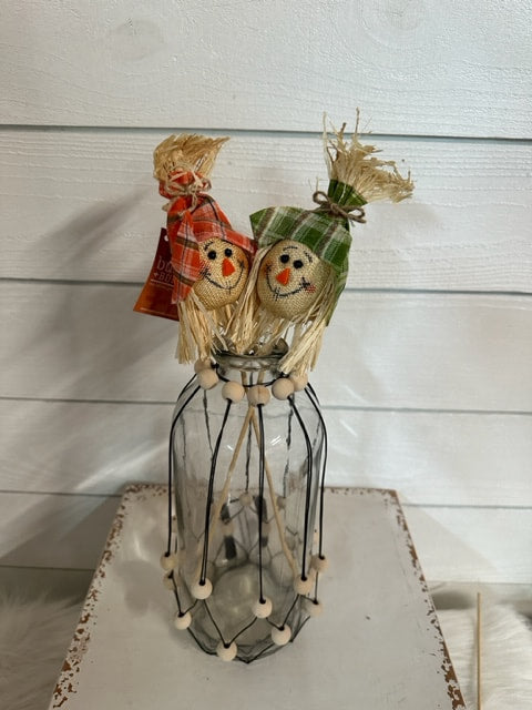 Scarecrow Head With Plaid Hat Floral Pick
