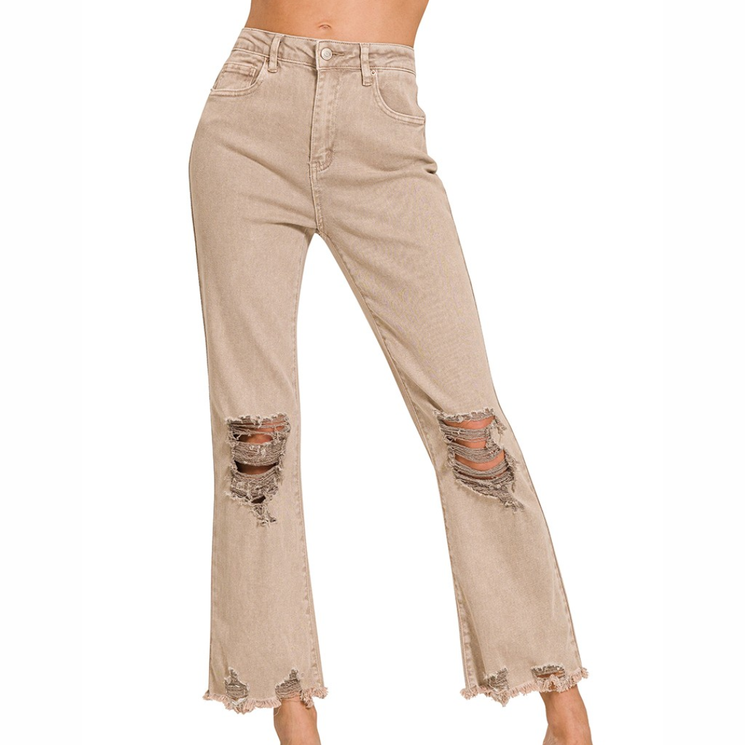 Acid Washed High Waist Distressed Straight Leg Cropped Pants