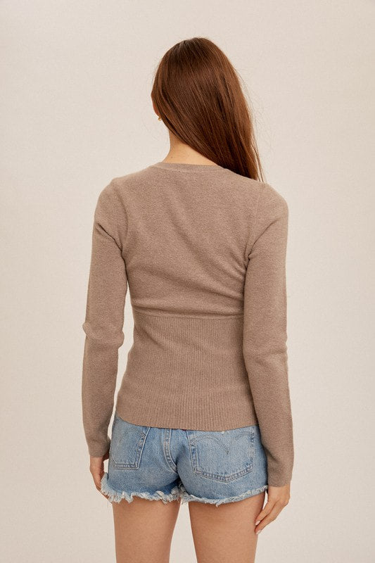 Taupe Corset Detailed Crew Neck Ribbed Sweater