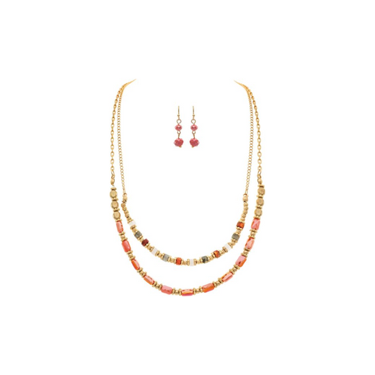 Gold Peachy Coral Glass Layer Necklace