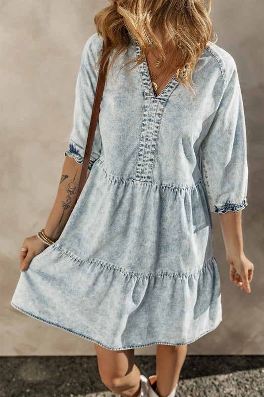 Blue Acid Wash Retro Flared Denim Dress