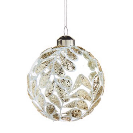 Painted Glass Ball With White Leaves And Gold Glitter
