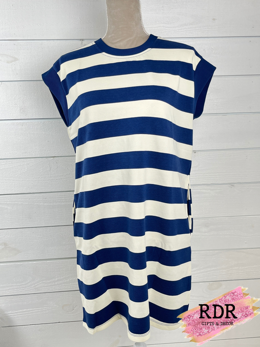 Navy & White Striped Sleeveless Dress