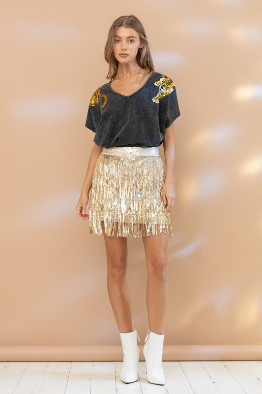 Concert Metallic Tiered Sequin Mini Skirt