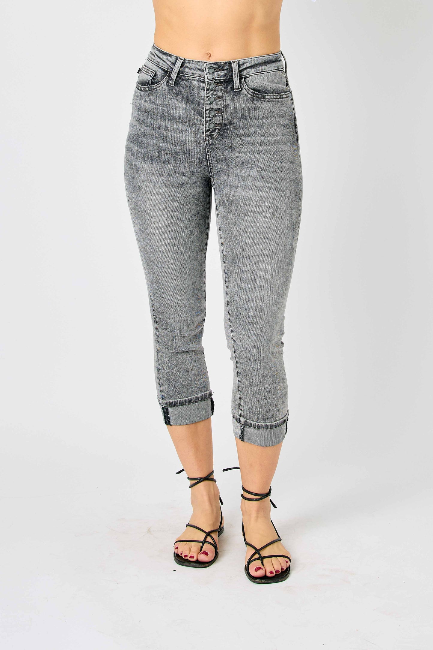 Judy Blue Grey High Waist Cuffed Button Fly Capri