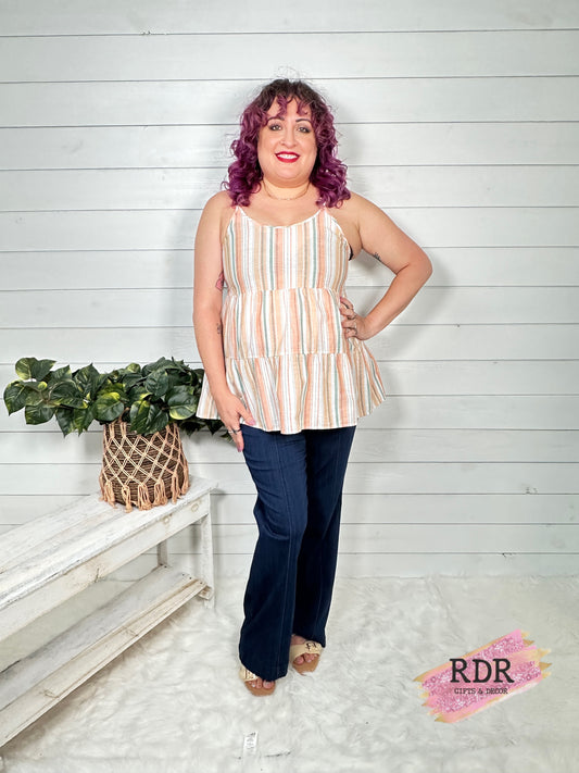 Coco+Carmen Sadie Stripe Ruffle Tank- Peach Stripe