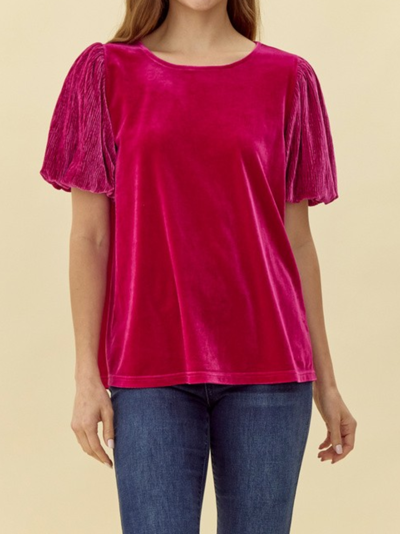 Velvet Wrinkle Short Puffed Sleeves Top