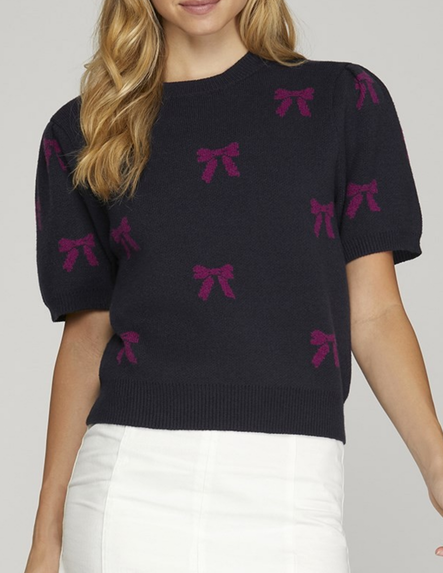 Navy Sweater Top With Pink Bow Pattern