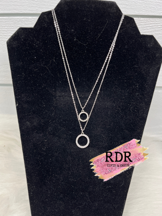 Silver 2 Layer Rhinestone Circle Pendant Necklace