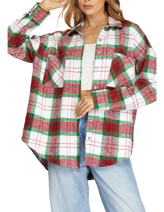 Red & Green Plaid Button Down Shacket