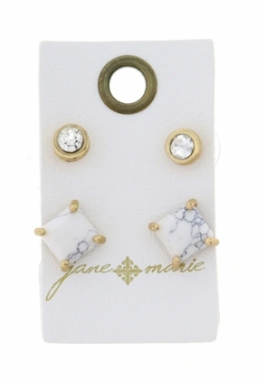 Jane Marie Clear Circle/Howlite Square 2 Stud Set Earrings