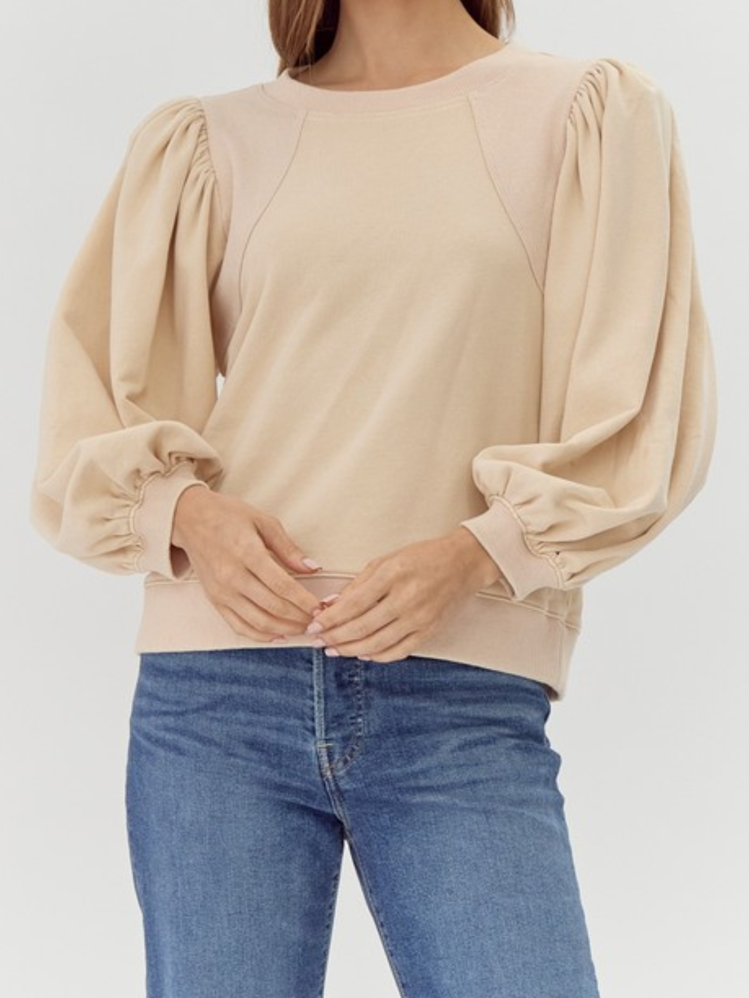 Cream Top With U-Neck & Puff Sleeves