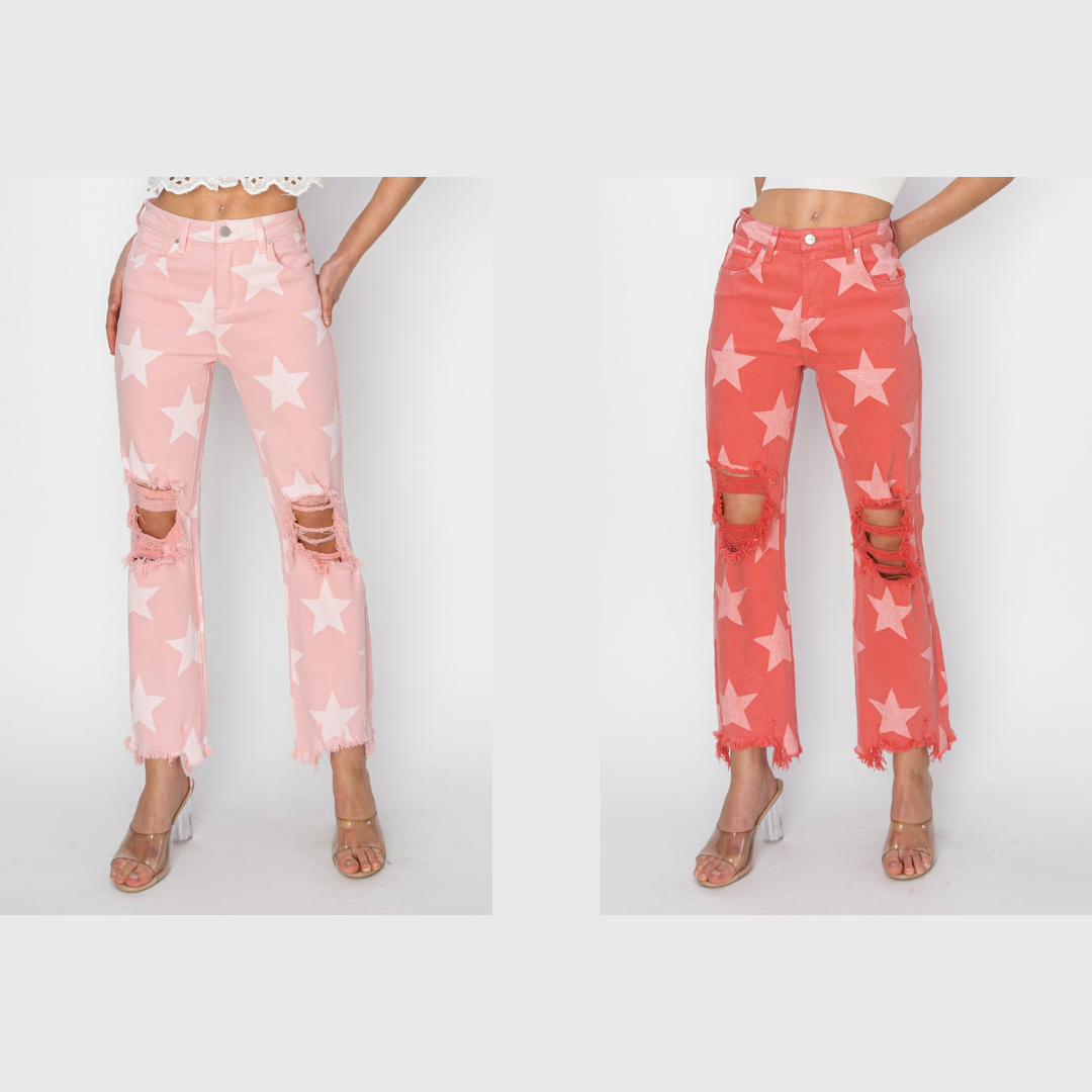 Risen High Rise Star Print Cropped Step Hem Pants