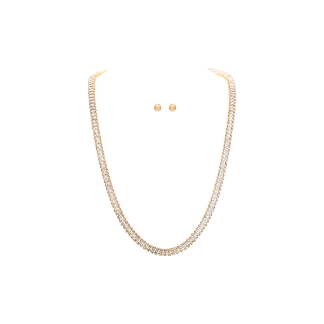 Gold Emerald Cut Crystal Link Chain Necklace Set