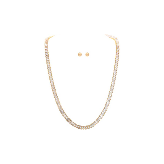 Gold Emerald Cut Crystal Link Chain Necklace Set
