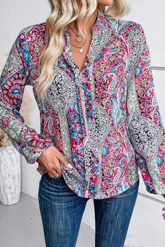 Vintage Boho Paisley Print Notched Neck Blouse