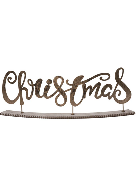 Curved Gold Metal "Christmas" Decor With Wood Base