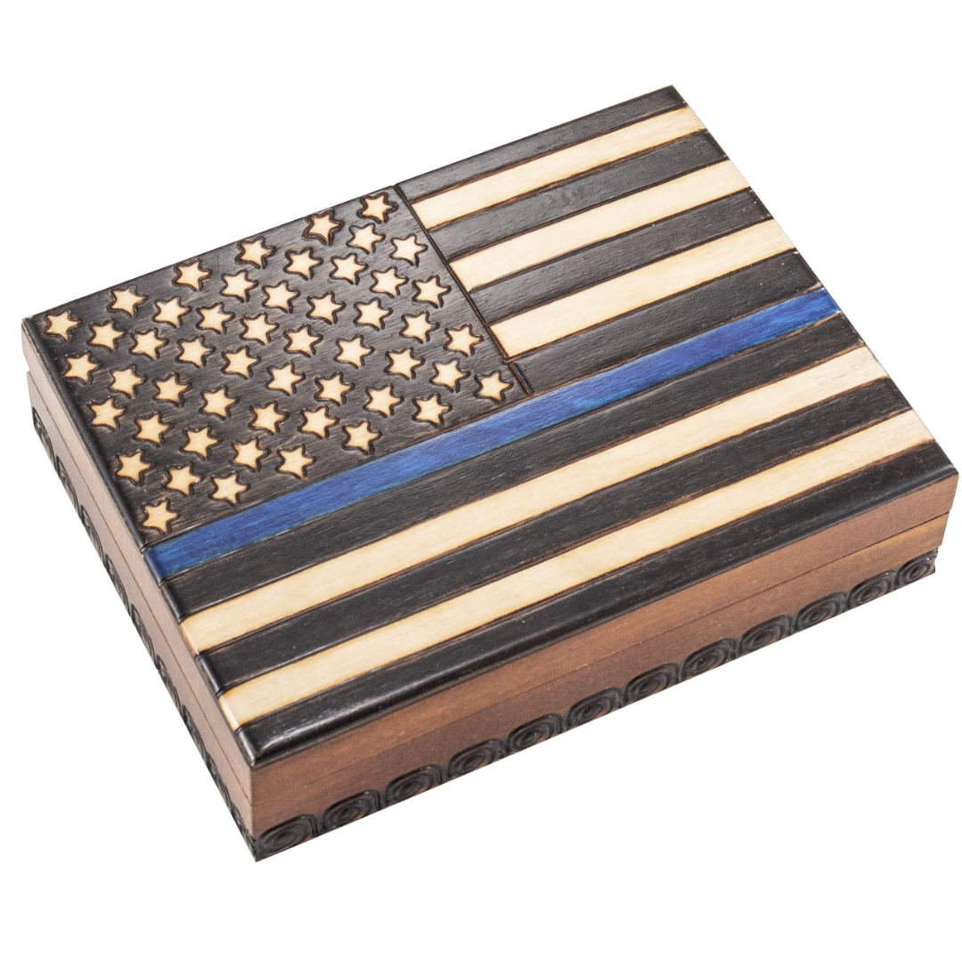 Wooden Carved Box- American Flag With Blue Line