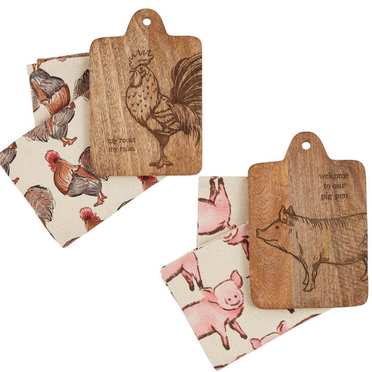 Farm Animal Wooded Board and Towel Set