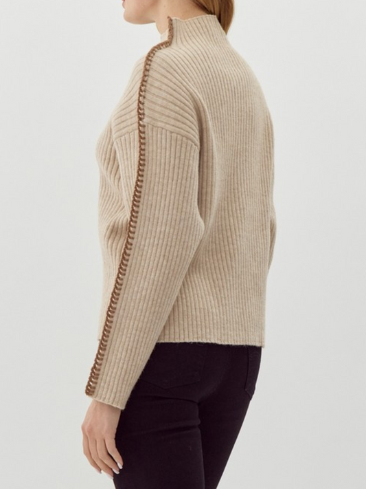 Oatmeal Ribbed Contrast Stitching Knit Pullover Top